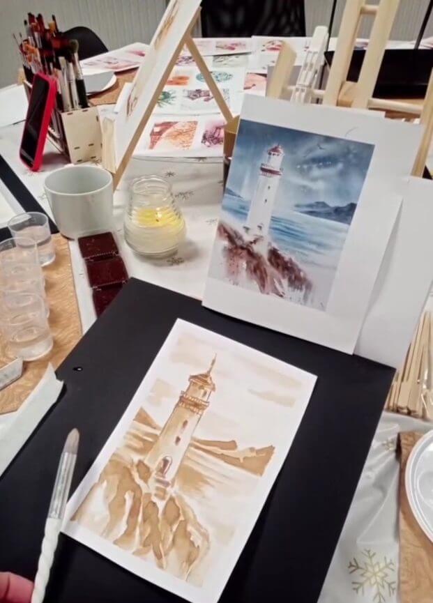 Watercolor paintings on easels